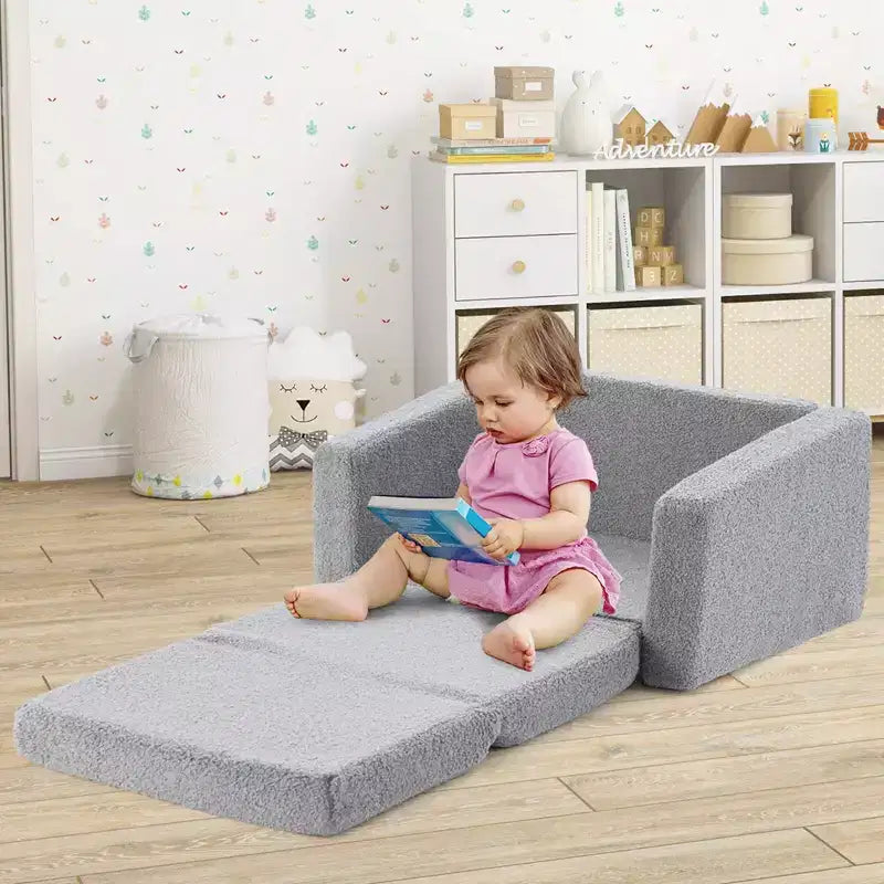 Costway 2-in-1 Toddler Fold out Couch Childrens Convertible Sofa to Lounger Grey