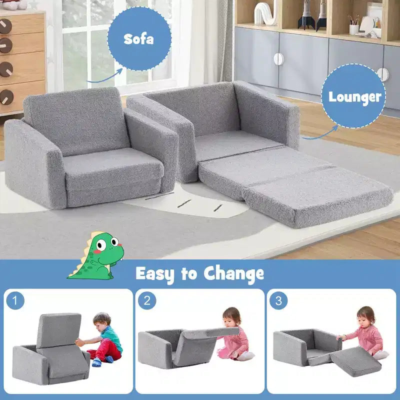 Costway 2-in-1 Toddler Fold out Couch Childrens Convertible Sofa to Lounger Grey