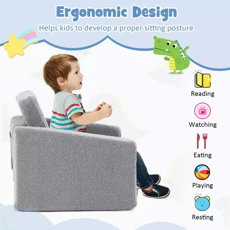 Costway 2-in-1 Toddler Fold out Couch Childrens Convertible Sofa to Lounger Grey