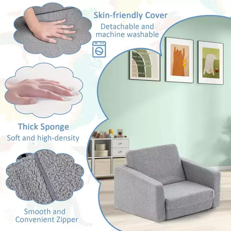 Costway 2-in-1 Toddler Fold out Couch Childrens Convertible Sofa to Lounger Grey