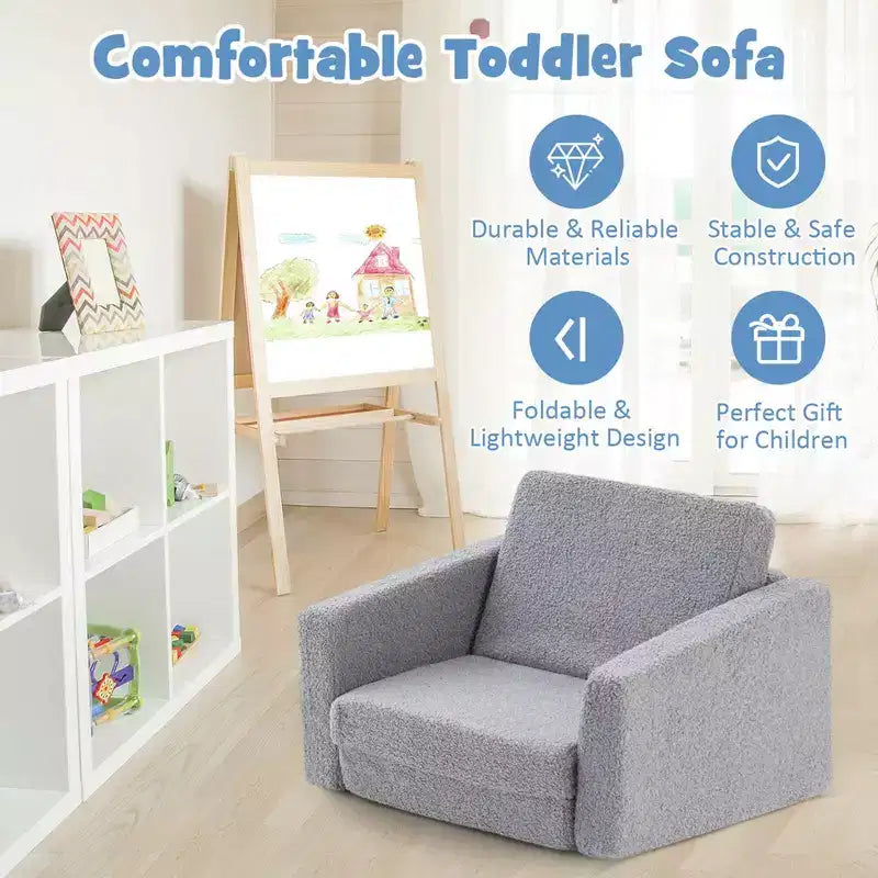 Costway 2-in-1 Toddler Fold out Couch Childrens Convertible Sofa to Lounger Grey