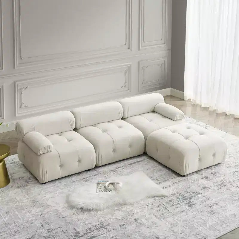 93 Modular Button Velvet/Teddy Fabric Tufted Upholstered Sectional Sofa, L Shaped Sofa with Reversible Ottoman - ModernLuxe