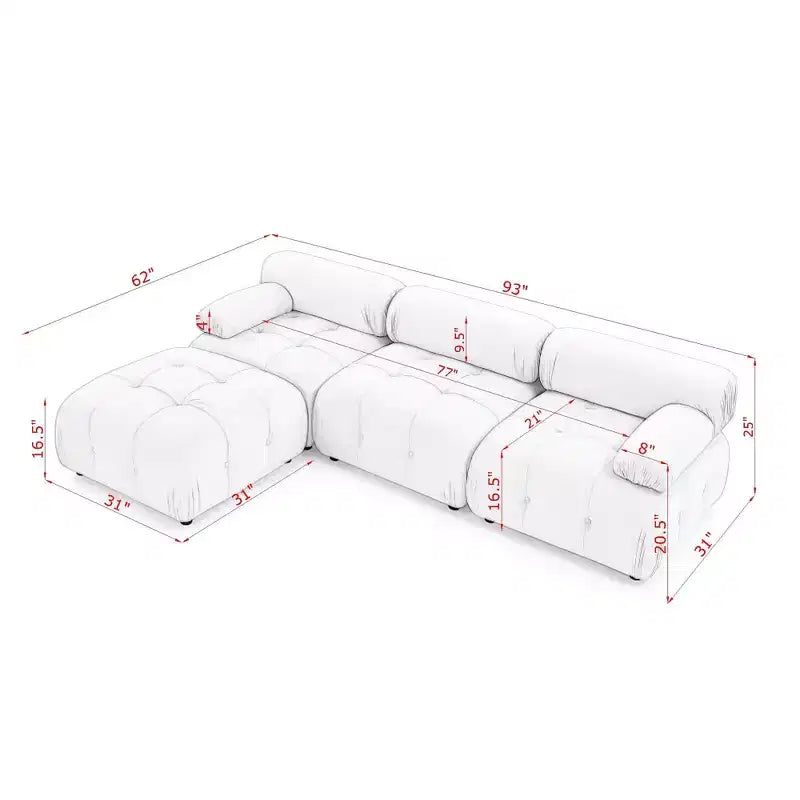 93 Modular Button Velvet/Teddy Fabric Tufted Upholstered Sectional Sofa, L Shaped Sofa with Reversible Ottoman - ModernLuxe