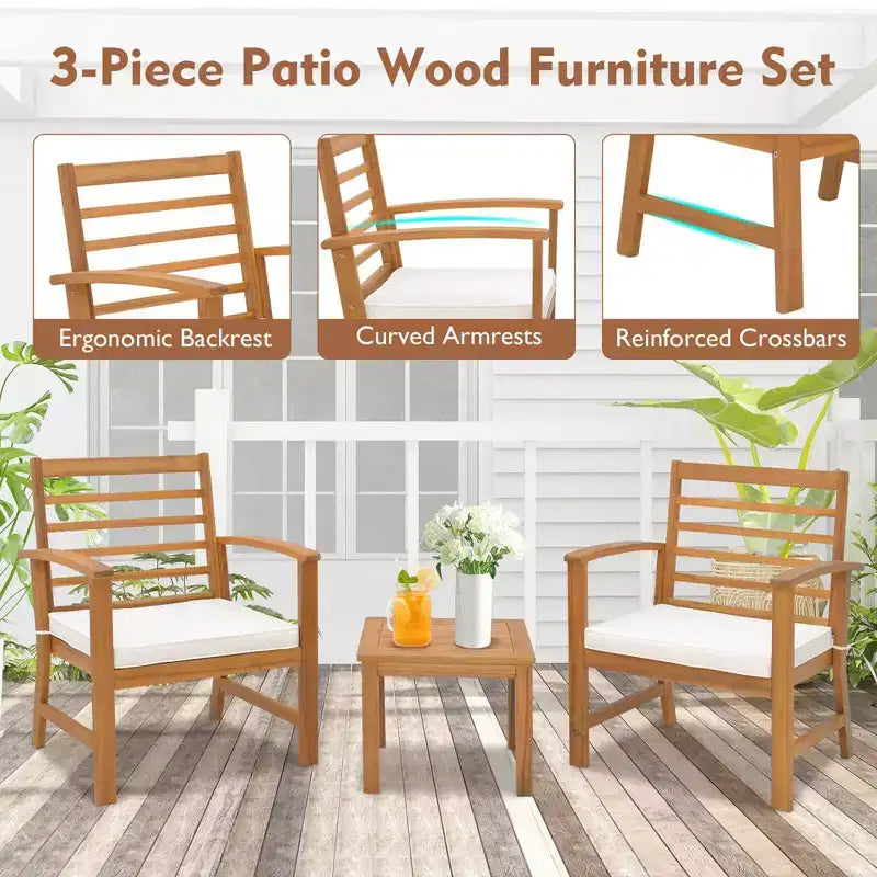 Costway Juego de Muebles de Exterior de 3 Piezas de Madera de Acacia con Cojines Suaves Blanco/Gris/Azul Marino