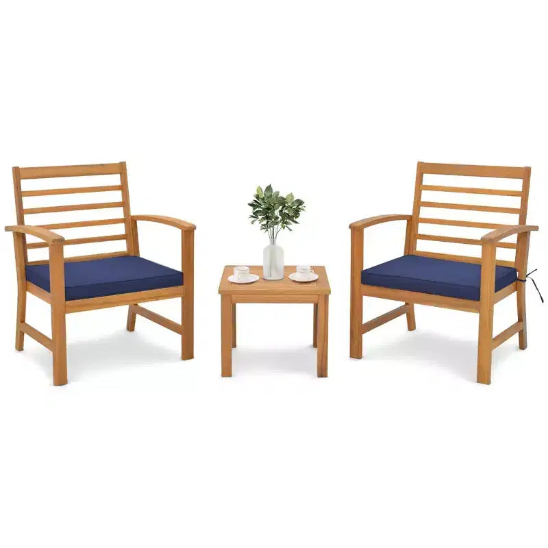 Costway Juego de Muebles de Exterior de 3 Piezas de Madera de Acacia con Cojines Suaves Blanco/Gris/Azul Marino