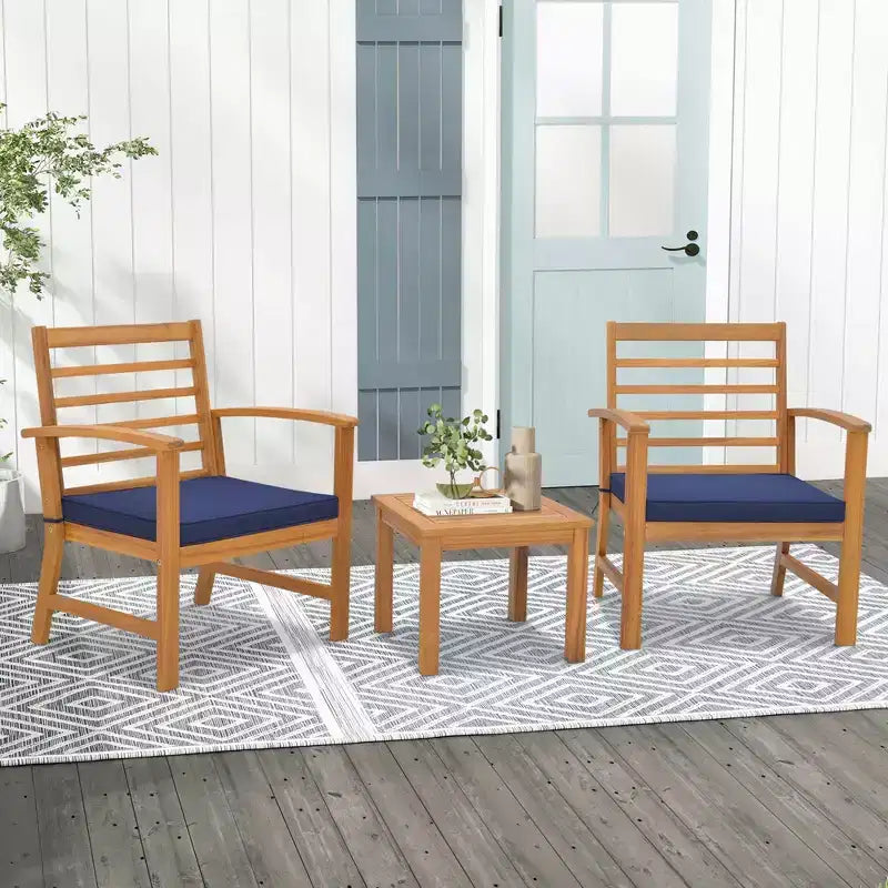 Costway Juego de Muebles de Exterior de 3 Piezas de Madera de Acacia con Cojines Suaves Blanco/Gris/Azul Marino