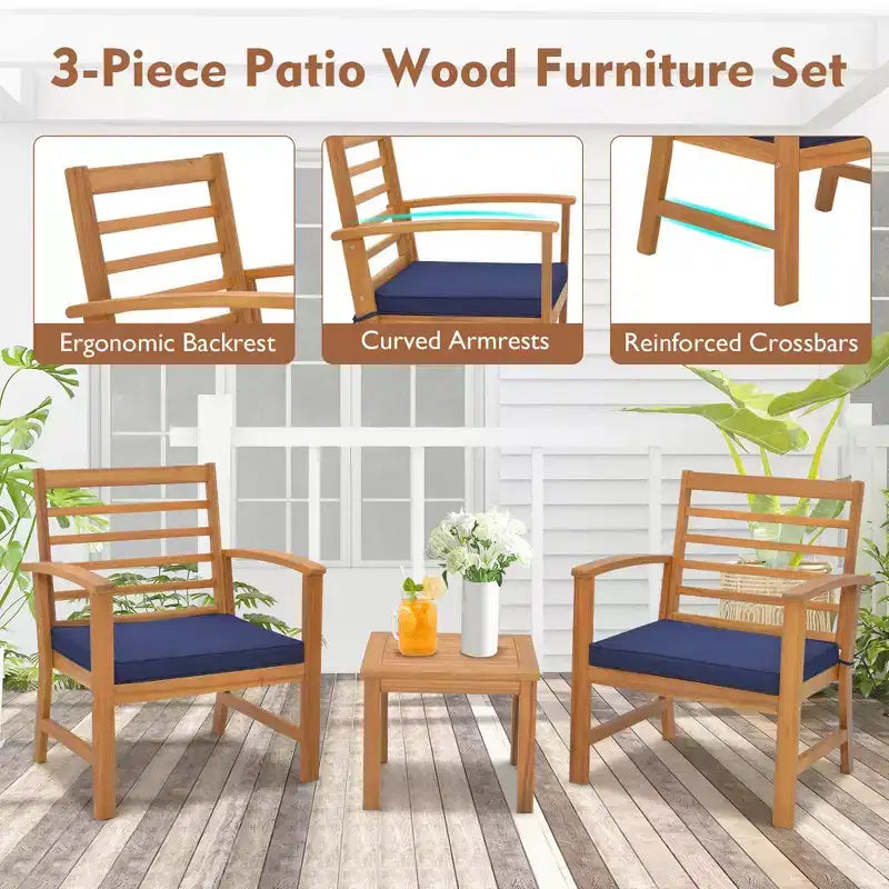 Costway Juego de Muebles de Exterior de 3 Piezas de Madera de Acacia con Cojines Suaves Blanco/Gris/Azul Marino