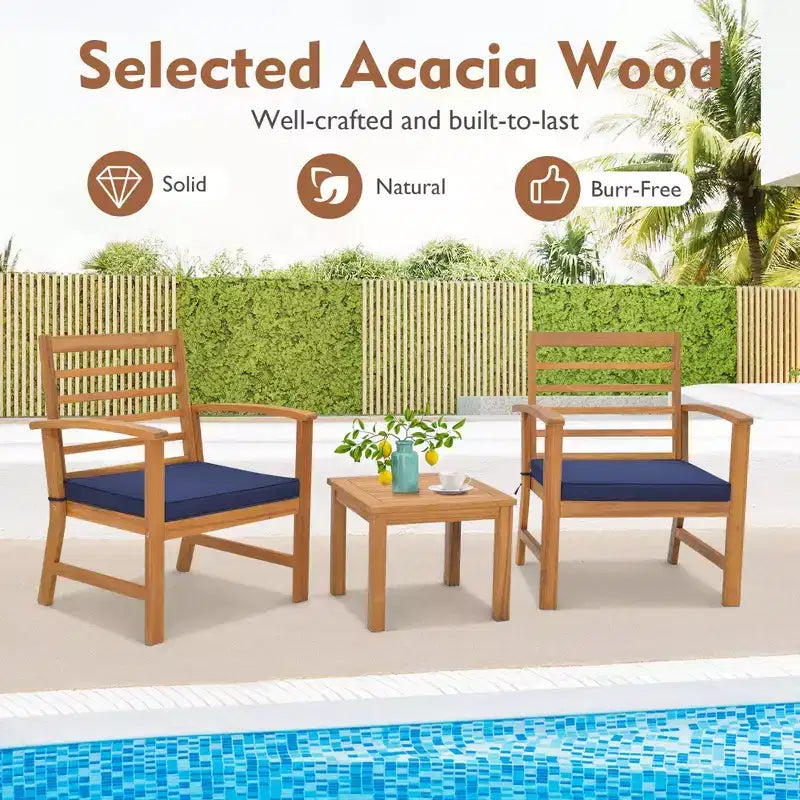 Costway Juego de Muebles de Exterior de 3 Piezas de Madera de Acacia con Cojines Suaves Blanco/Gris/Azul Marino