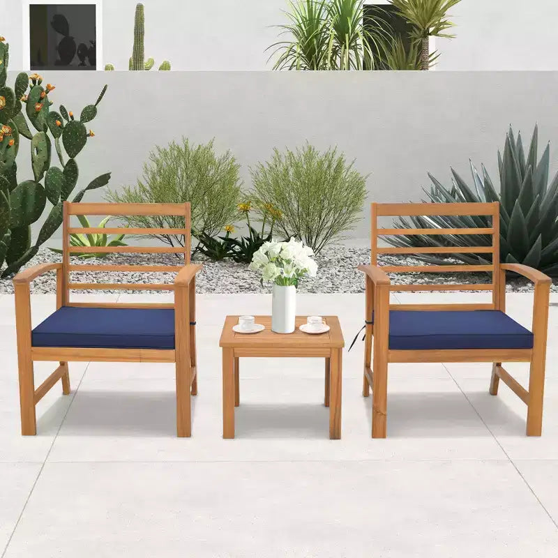 Costway Juego de Muebles de Exterior de 3 Piezas de Madera de Acacia con Cojines Suaves Blanco/Gris/Azul Marino