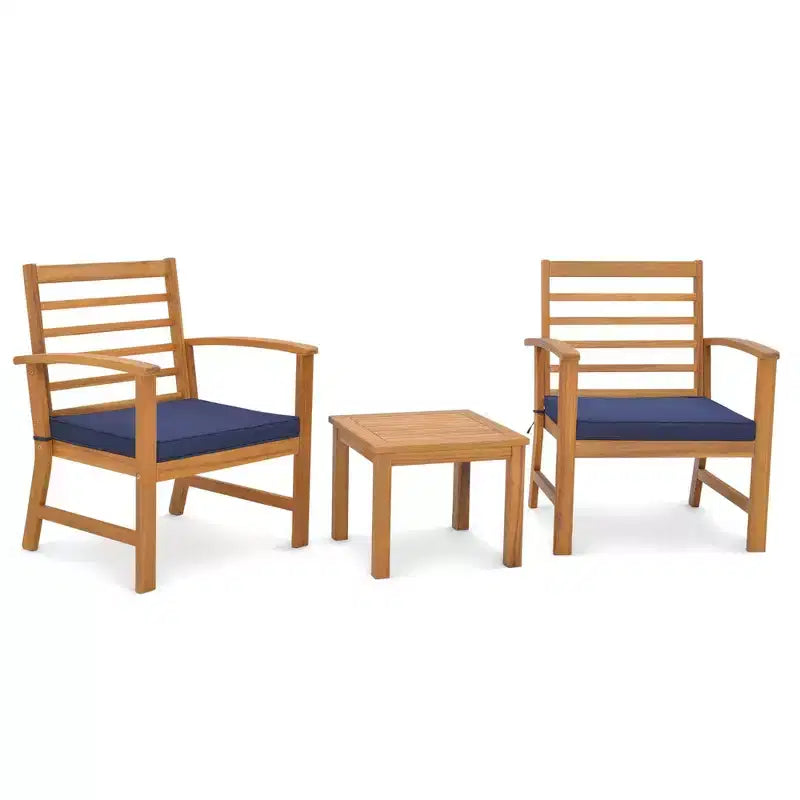 Costway Juego de Muebles de Exterior de 3 Piezas de Madera de Acacia con Cojines Suaves Blanco/Gris/Azul Marino