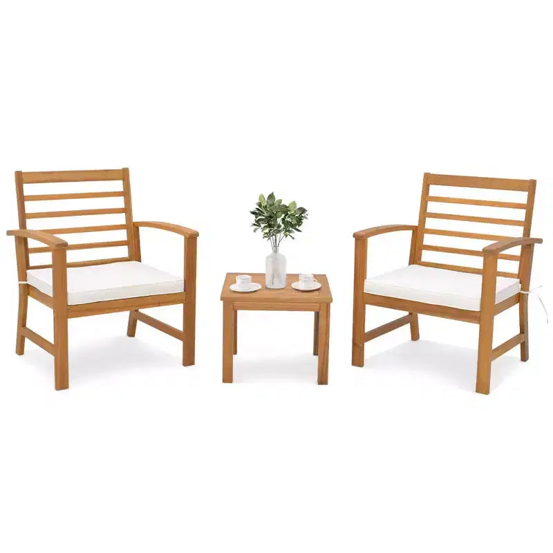 Costway Juego de Muebles de Exterior de 3 Piezas de Madera de Acacia con Cojines Suaves Blanco/Gris/Azul Marino