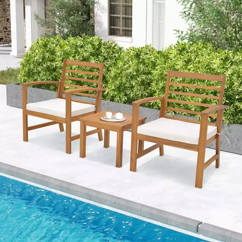 Costway Juego de Muebles de Exterior de 3 Piezas de Madera de Acacia con Cojines Suaves Blanco/Gris/Azul Marino