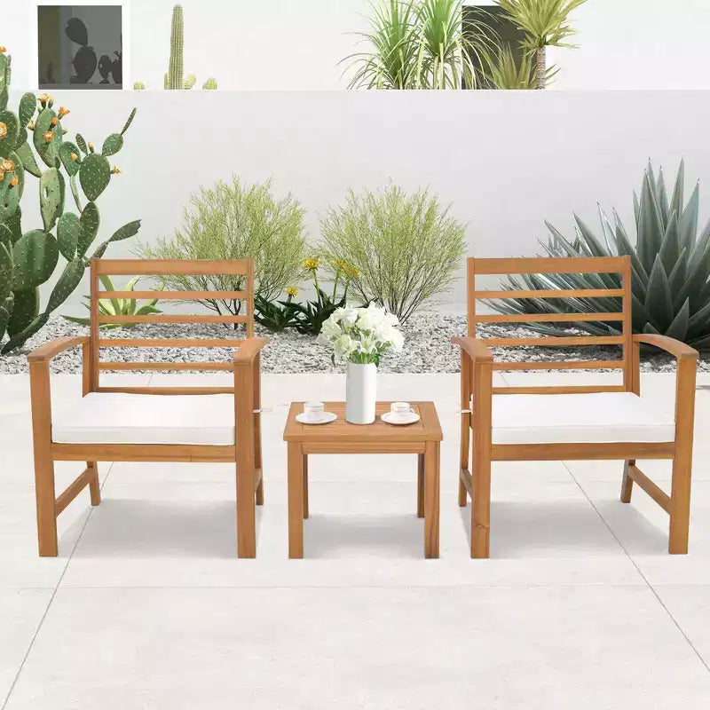 Costway Juego de Muebles de Exterior de 3 Piezas de Madera de Acacia con Cojines Suaves Blanco/Gris/Azul Marino