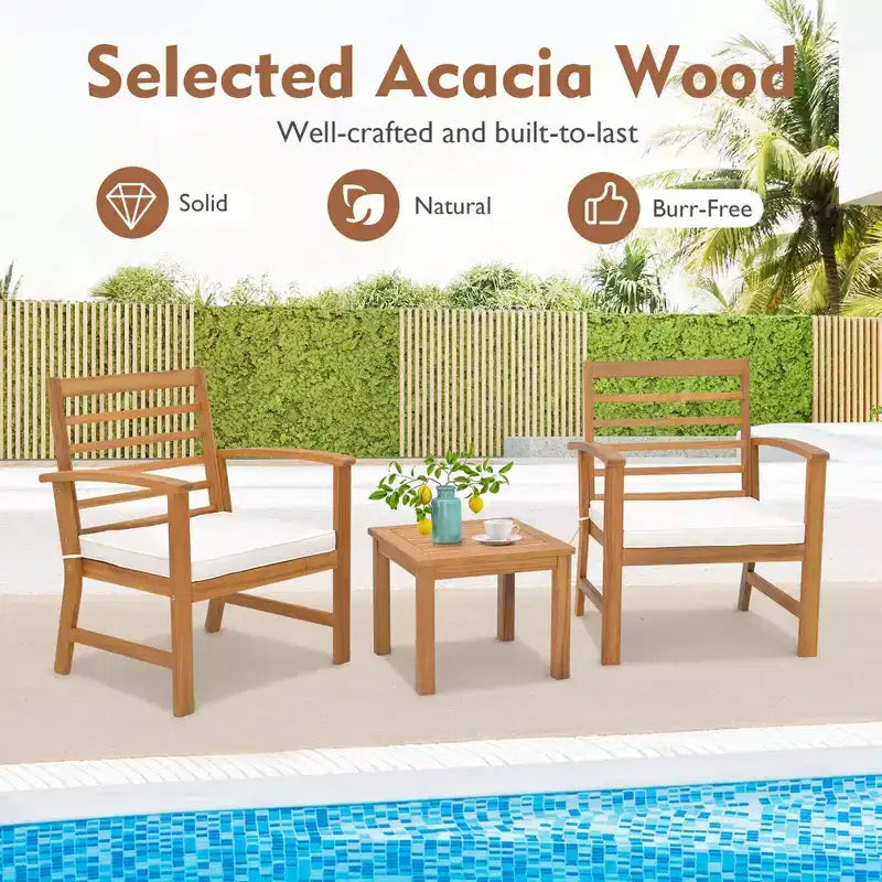 Costway Juego de Muebles de Exterior de 3 Piezas de Madera de Acacia con Cojines Suaves Blanco/Gris/Azul Marino
