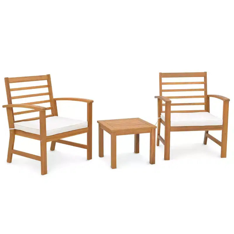 Costway Juego de Muebles de Exterior de 3 Piezas de Madera de Acacia con Cojines Suaves Blanco/Gris/Azul Marino