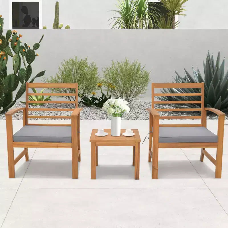 Costway Juego de Muebles de Exterior de 3 Piezas de Madera de Acacia con Cojines Suaves Blanco/Gris/Azul Marino