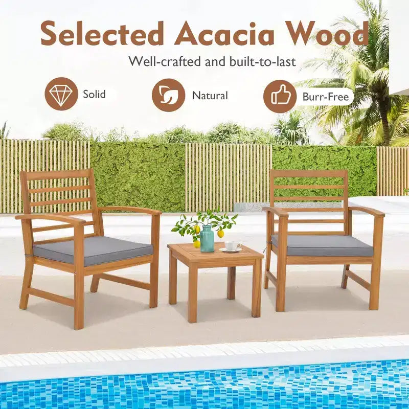 Costway Juego de Muebles de Exterior de 3 Piezas de Madera de Acacia con Cojines Suaves Blanco/Gris/Azul Marino