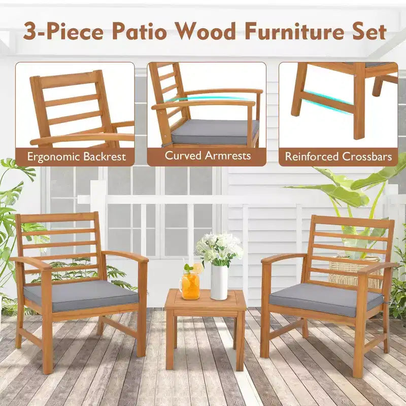 Costway Juego de Muebles de Exterior de 3 Piezas de Madera de Acacia con Cojines Suaves Blanco/Gris/Azul Marino