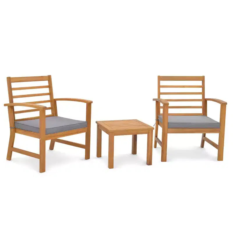 Costway Juego de Muebles de Exterior de 3 Piezas de Madera de Acacia con Cojines Suaves Blanco/Gris/Azul Marino