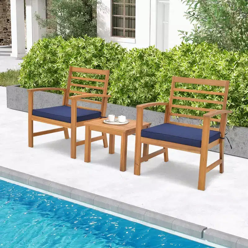Costway Ensemble de Meubles de Jardin 3 Pièces en Bois d'Acacia avec Coussins Souples Blanc/Gris/Bleu Marine