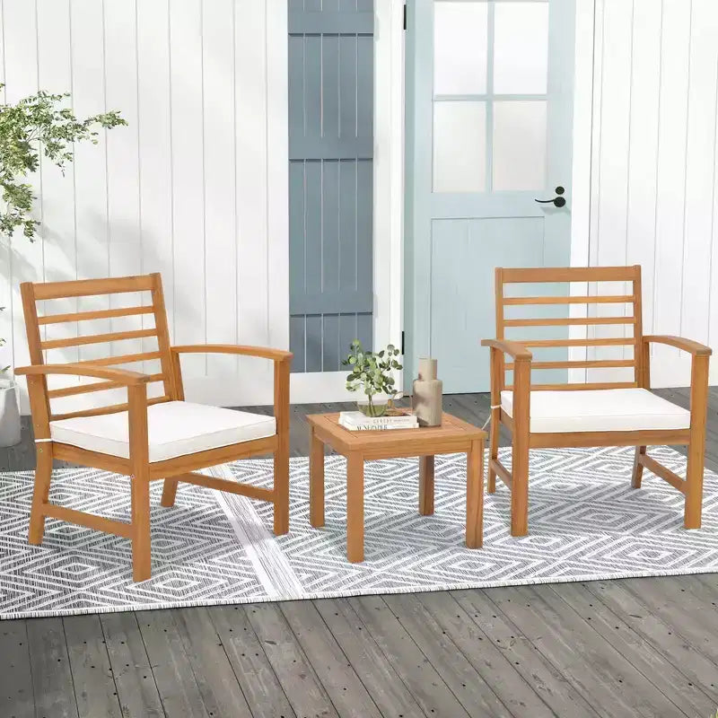 Costway Ensemble de Meubles de Jardin 3 Pièces en Bois d'Acacia avec Coussins Souples Blanc/Gris/Bleu Marine