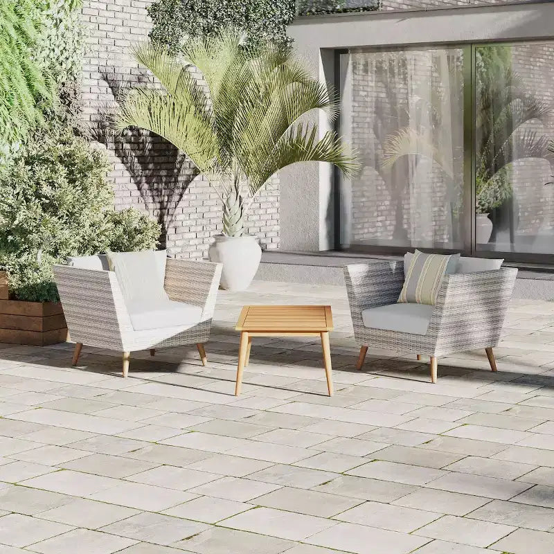 Juego de muebles de conversación para patio al aire libre Amazonia de 3 piezas de mimbre para todo clima con cojines