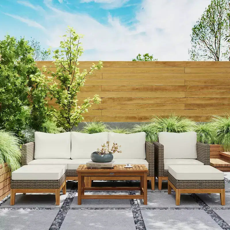 Juego de Muebles Acolchados para Patio Outsunny, Juego de Conversación de Ratán PE con Marco de Madera de 5 Piezas, Blanco Crema