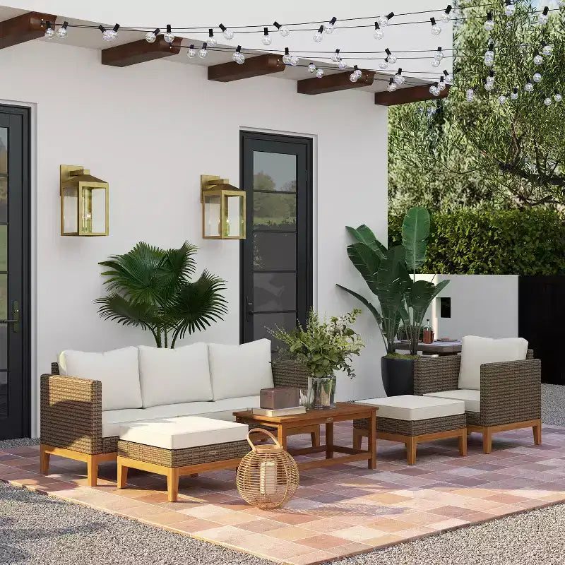 Juego de Muebles Acolchados para Patio Outsunny, Juego de Conversación de Ratán PE con Marco de Madera de 5 Piezas, Blanco Crema
