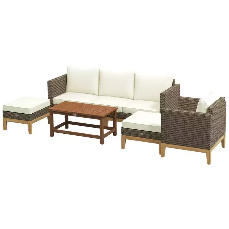 Juego de Muebles Acolchados para Patio Outsunny, Juego de Conversación de Ratán PE con Marco de Madera de 5 Piezas, Blanco Crema