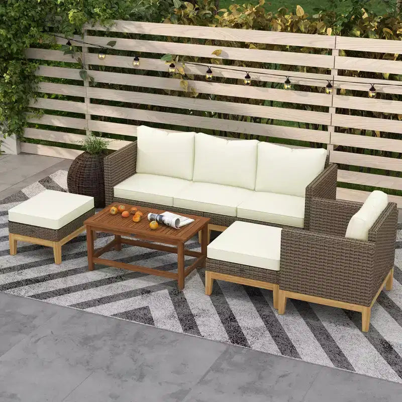 Juego de Muebles Acolchados para Patio Outsunny, Juego de Conversación de Ratán PE con Marco de Madera de 5 Piezas, Blanco Crema