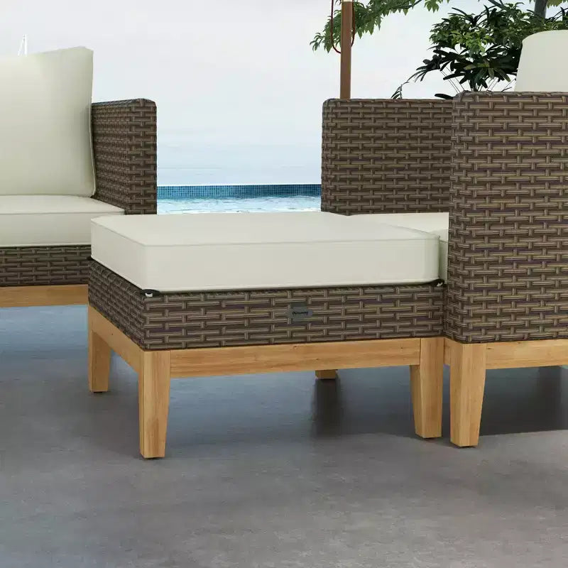 Juego de Muebles Acolchados para Patio Outsunny, Juego de Conversación de Ratán PE con Marco de Madera de 5 Piezas, Blanco Crema