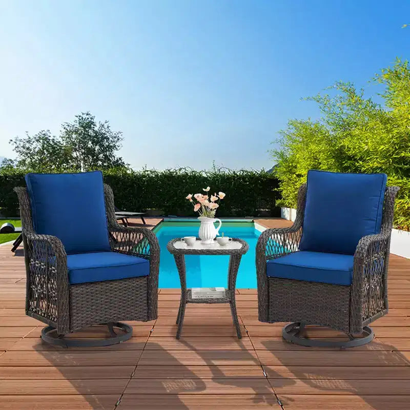 Whizmax 3-Piece Outdoor 360 Degree Swivel Rocking Chair Patio Set, Swivel Rocking Chair 2-Piece Set with Rattan Side Table, Blue Cushion
