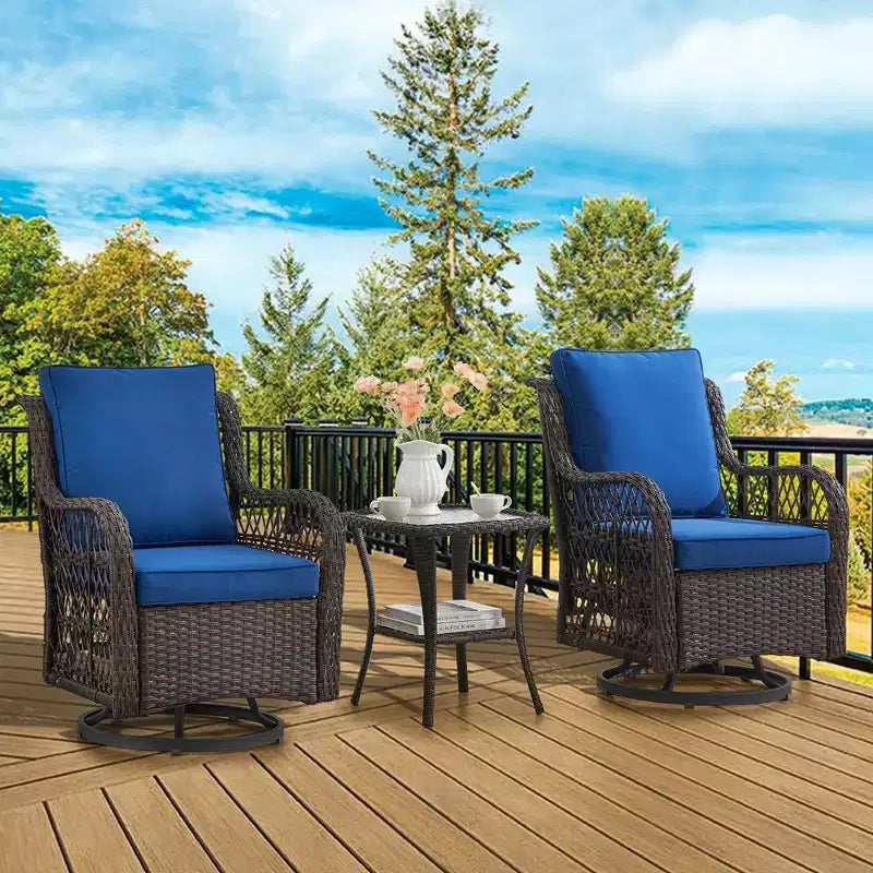 Juego de patio de 3 piezas Whizmax para exteriores con silla mecedora giratoria 360 grados, juego de 2 sillas mecedoras giratorias con mesa auxiliar de ratán, cojín azul