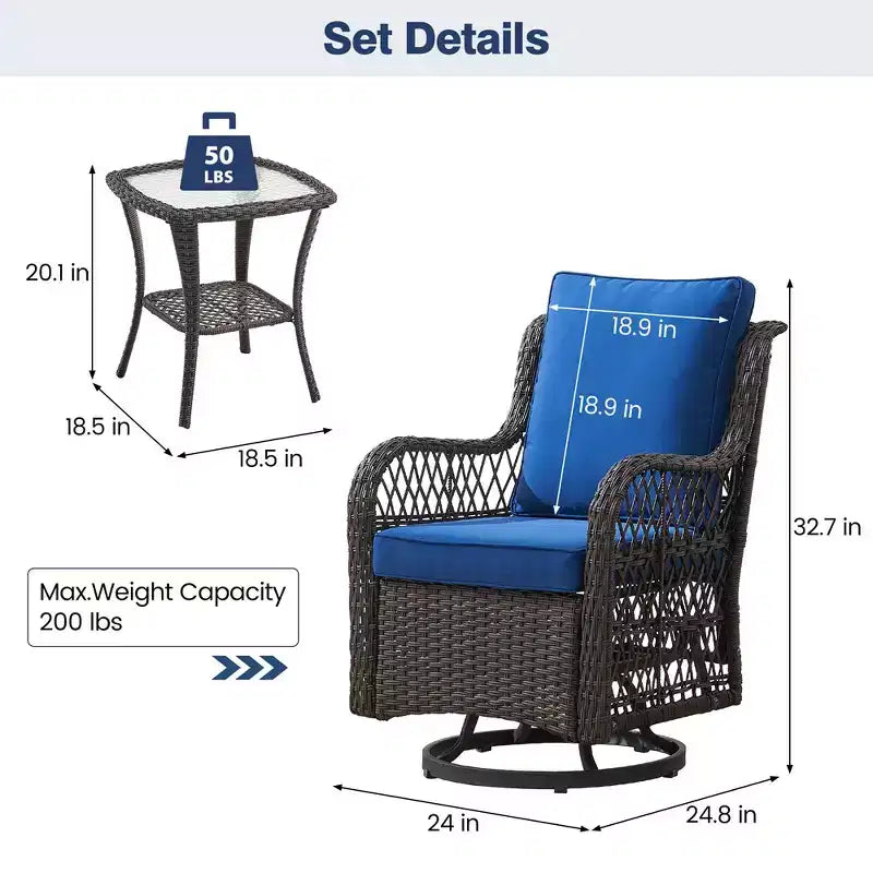 Juego de patio de 3 piezas Whizmax para exteriores con silla mecedora giratoria 360 grados, juego de 2 sillas mecedoras giratorias con mesa auxiliar de ratán, cojín azul