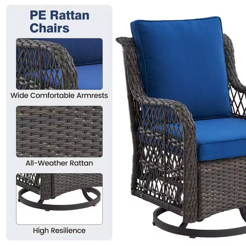 Juego de patio de 3 piezas Whizmax para exteriores con silla mecedora giratoria 360 grados, juego de 2 sillas mecedoras giratorias con mesa auxiliar de ratán, cojín azul