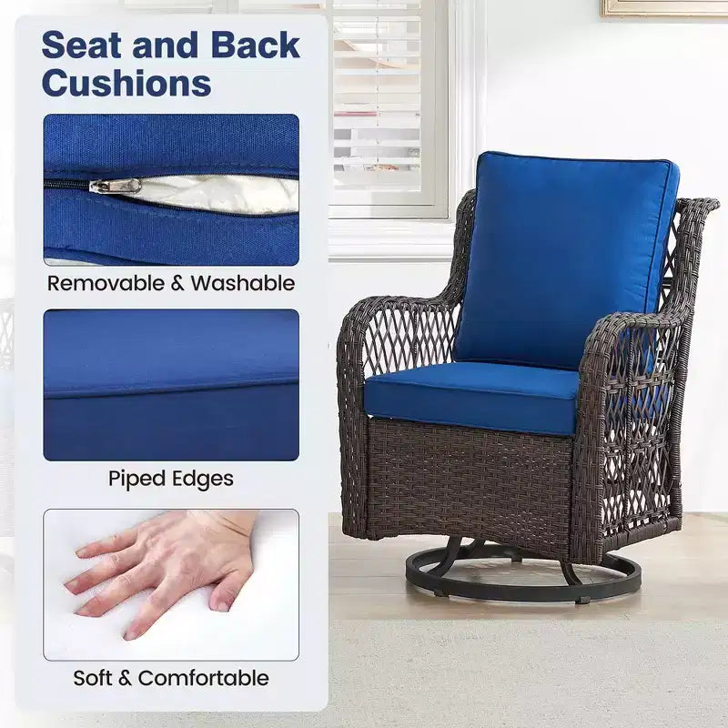 Juego de patio de 3 piezas Whizmax para exteriores con silla mecedora giratoria 360 grados, juego de 2 sillas mecedoras giratorias con mesa auxiliar de ratán, cojín azul