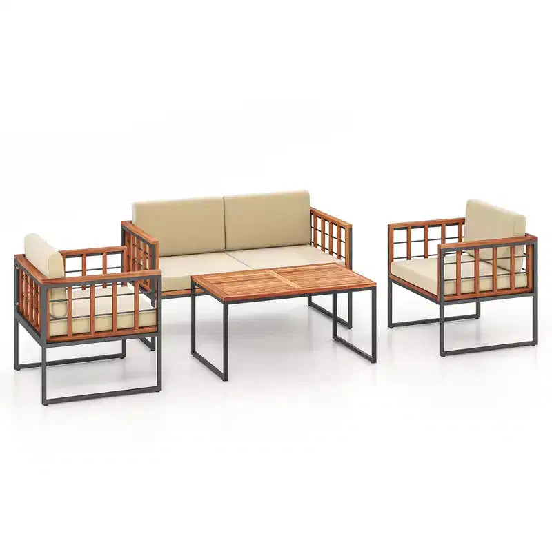 Costway Juego de Sofás de Exterior de 4 Piezas de Madera de Acacia con Estructura Metálica Resistente y Asiento Blando