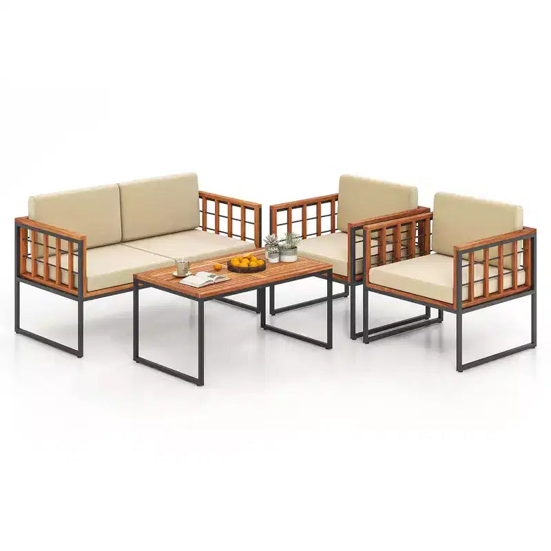 Costway Juego de Sofás de Exterior de 4 Piezas de Madera de Acacia con Estructura Metálica Resistente y Asiento Blando