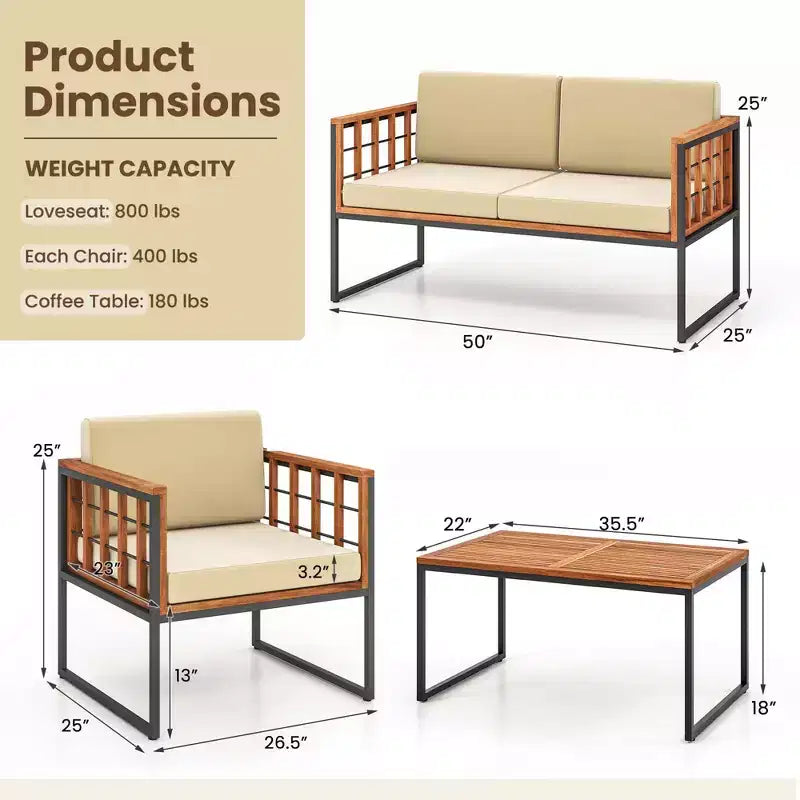 Costway Juego de Sofás de Exterior de 4 Piezas de Madera de Acacia con Estructura Metálica Resistente y Asiento Blando