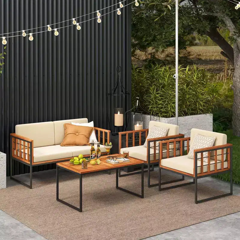Costway Juego de Sofás de Exterior de 4 Piezas de Madera de Acacia con Estructura Metálica Resistente y Asiento Blando