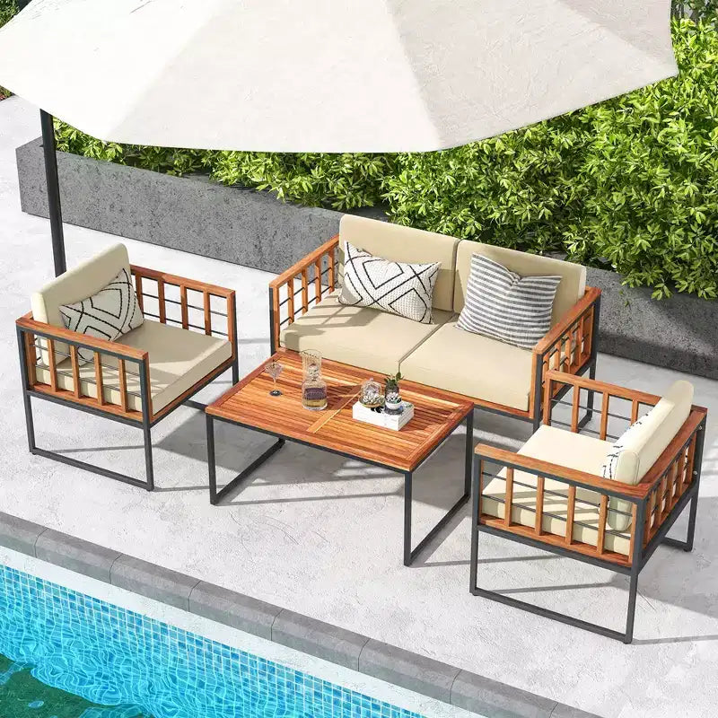Costway Juego de Sofás de Exterior de 4 Piezas de Madera de Acacia con Estructura Metálica Resistente y Asiento Blando