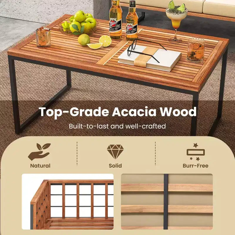 Costway Juego de Sofás de Exterior de 4 Piezas de Madera de Acacia con Estructura Metálica Resistente y Asiento Blando