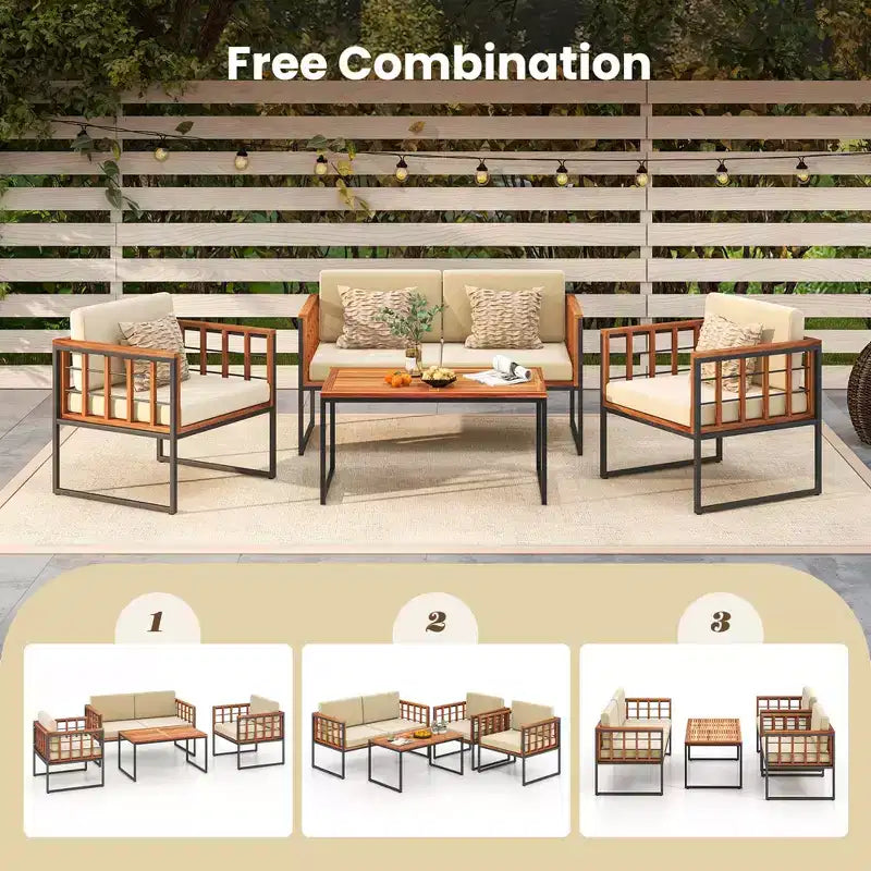 Costway Juego de Sofás de Exterior de 4 Piezas de Madera de Acacia con Estructura Metálica Resistente y Asiento Blando