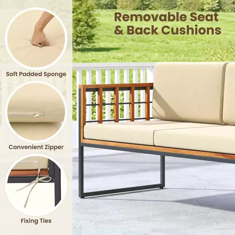 Costway Juego de Sofás de Exterior de 4 Piezas de Madera de Acacia con Estructura Metálica Resistente y Asiento Blando