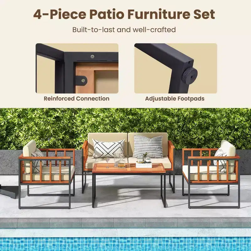 Costway Juego de Sofás de Exterior de 4 Piezas de Madera de Acacia con Estructura Metálica Resistente y Asiento Blando