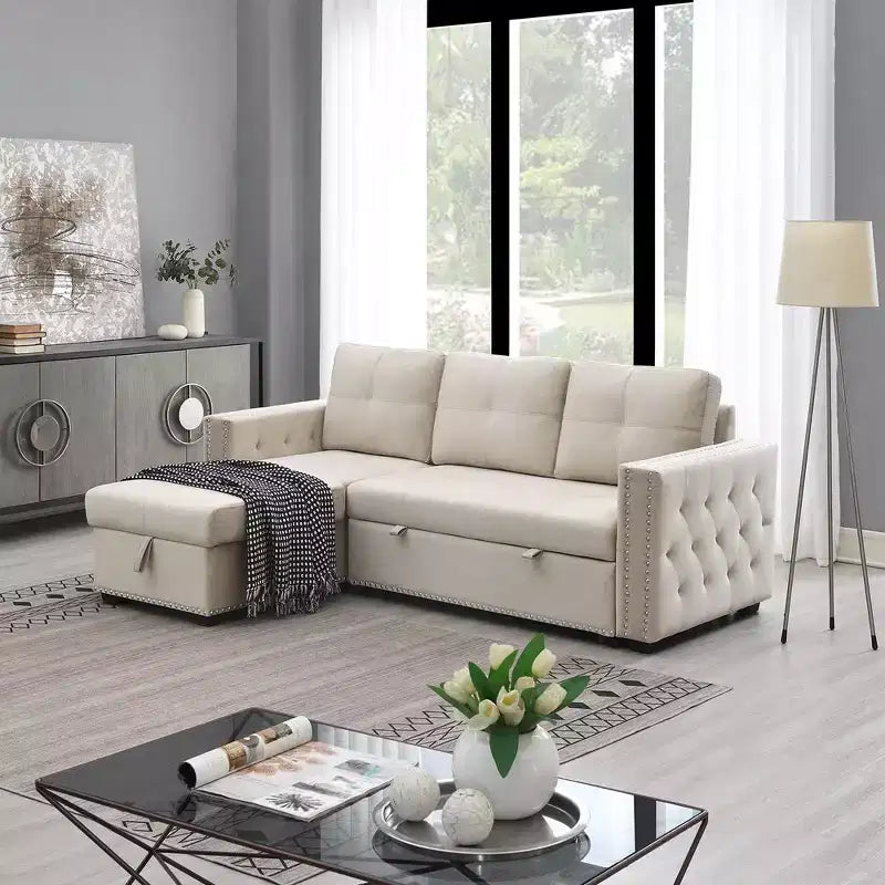 Velvet Sectional Sleeper Sofa Bed Button Tufted Couch with Reversible Storage Chaise - Morden Fort