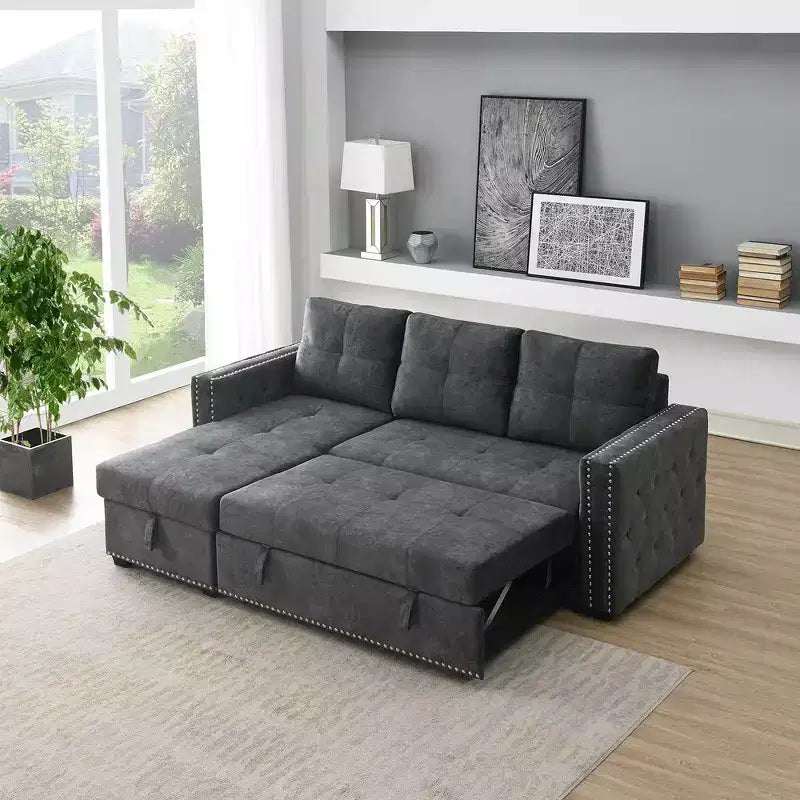 Velvet Sectional Sleeper Sofa Bed Button Tufted Couch with Reversible Storage Chaise - Morden Fort