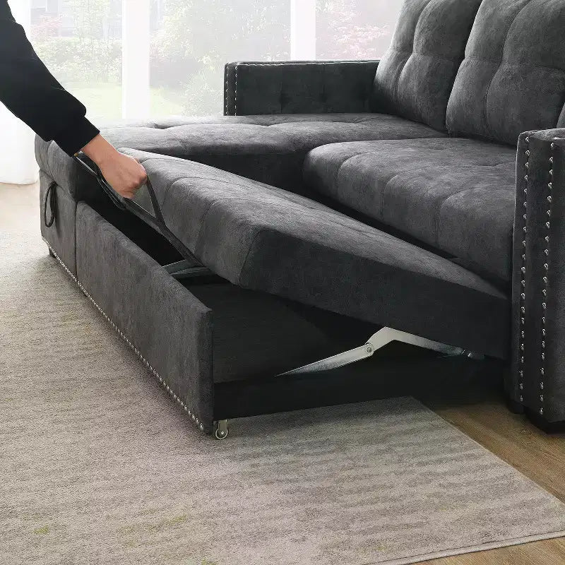 Velvet Sectional Sleeper Sofa Bed Button Tufted Couch with Reversible Storage Chaise - Morden Fort