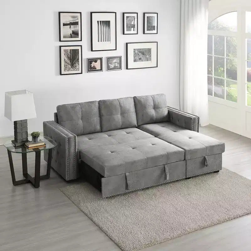 Velvet Sectional Sleeper Sofa Bed Button Tufted Couch with Reversible Storage Chaise - Morden Fort
