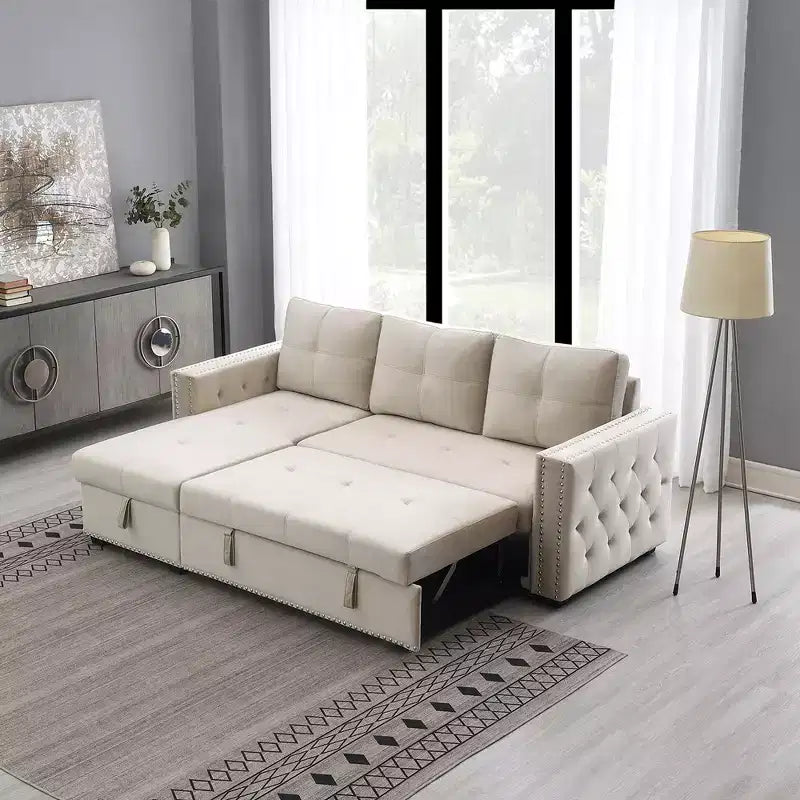 Velvet Sectional Sleeper Sofa Bed Button Tufted Couch with Reversible Storage Chaise - Morden Fort